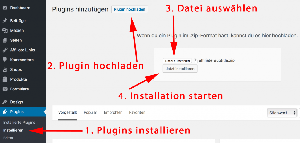 Wordpress Untertitel Plugin installieren